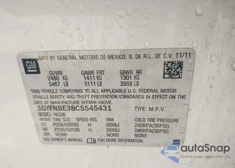 2012 Cadillac Srx Performance Collection from USA, damaged, VIN 3GYFNBE38CS545431